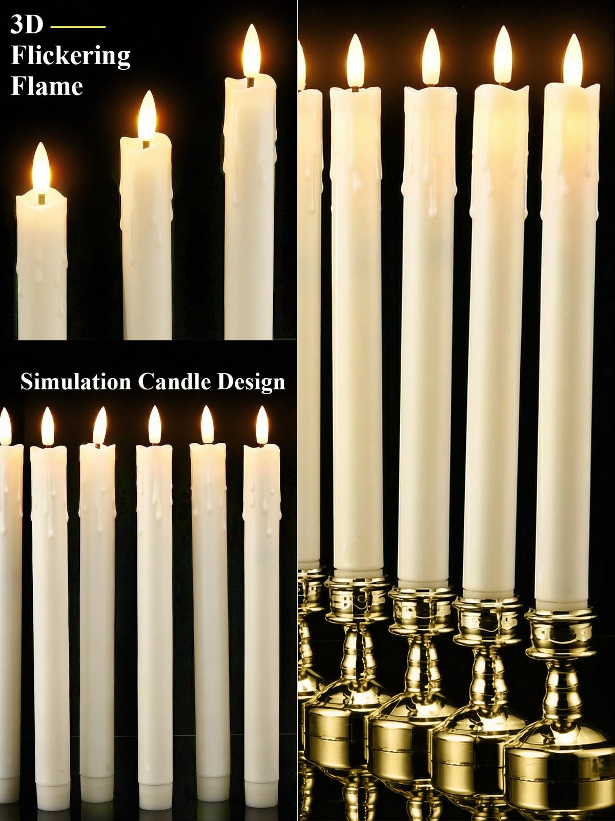 VIHOSE 24 Pcs Flameless Taper Candles with Holders Remote Timer Battery Operated Candles Bulk LED Candlesticks Flickering for Valentines Wedding Home Window Carnival Party Decor(Gold,Dripping Style)
