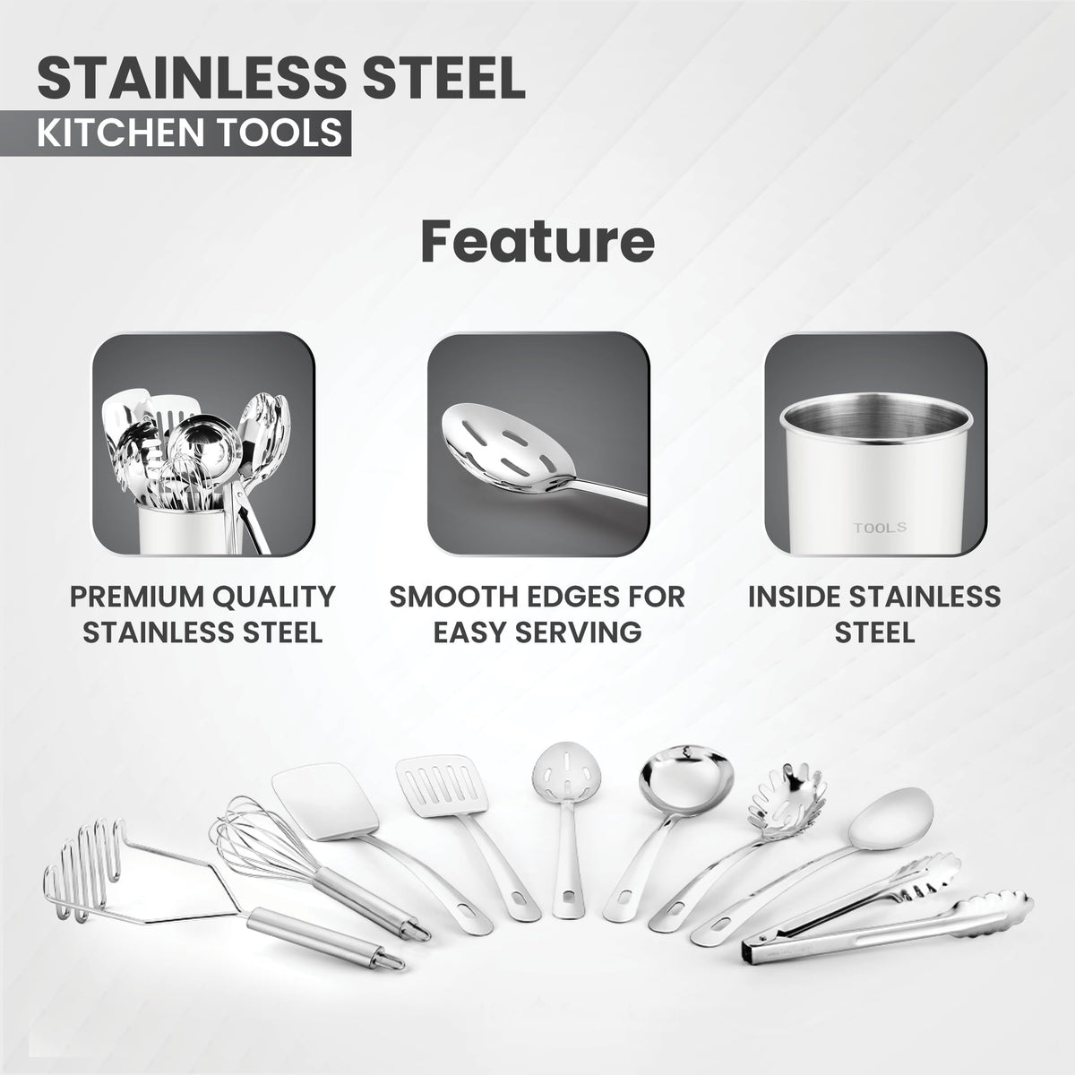 Avador® Premium Set of 10 Stainless Steel (WHITE HOLDER) Kitchen Tool Set with Holder Easy To Clean, Space Saving, Great for Cooking, Baking, Prepping (WHITE)