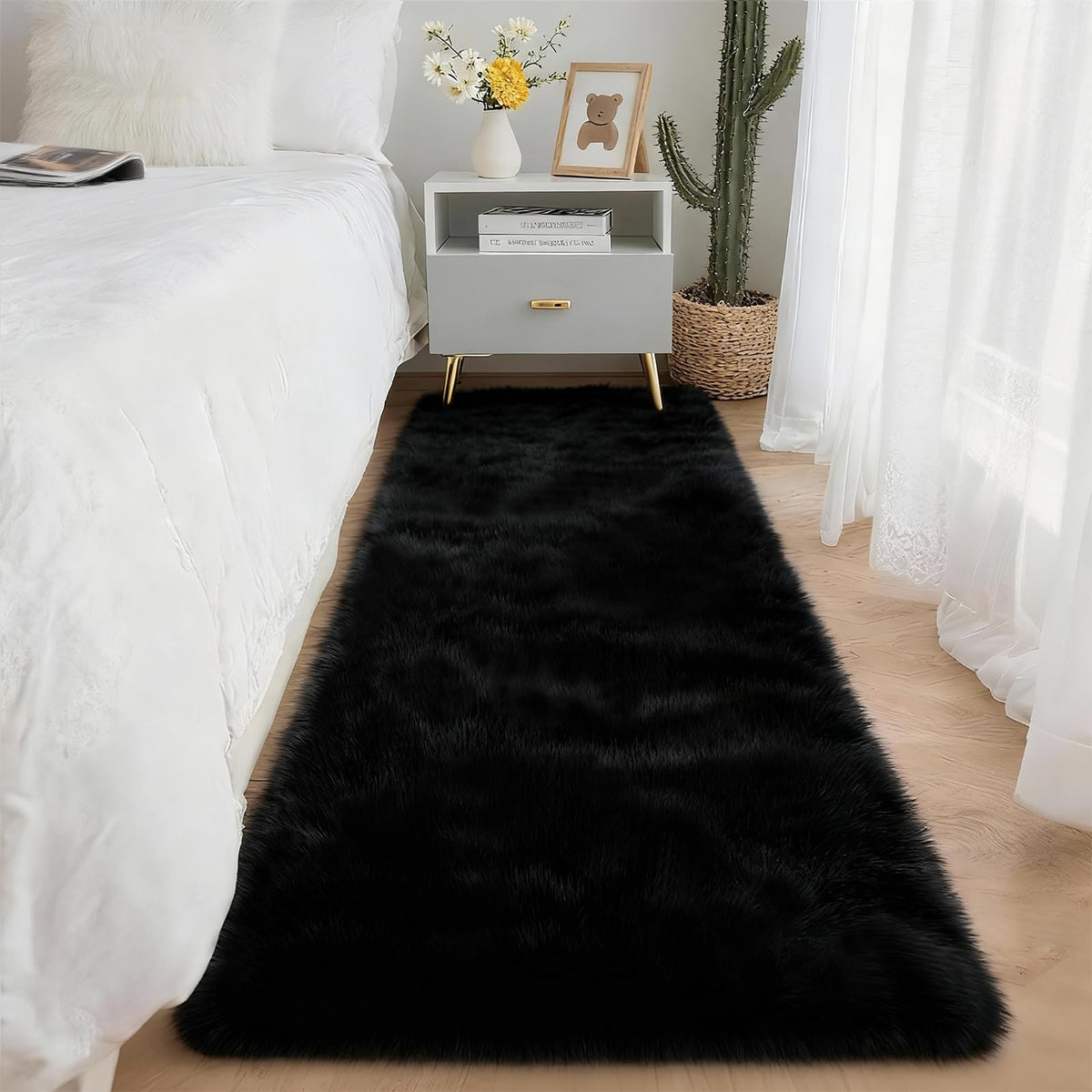 SWGRT 2x6 Solid Fluffy Black Area Rug – Washable, Durable, Small Bedroom Runner Rug, Non-Slip Shag Rugs for Hallway, Living Room, Bedroom, Bedside, Dorms, Kids Room, Nursery Rooms, Soft Indoor Carpet