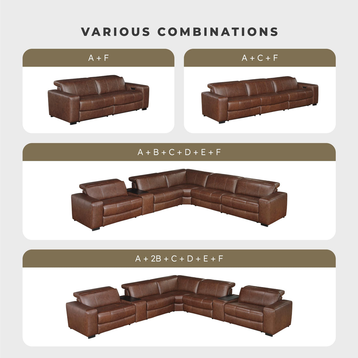 Lexicon Sectional Couches for Living Room-Modular Sectional Sofa, 5 Seater L Shaped Couch, Storage Console, Power Headrests, Charging Ports, 3 Wall Hugger Recliner Seats, Top Grain Leather Brown