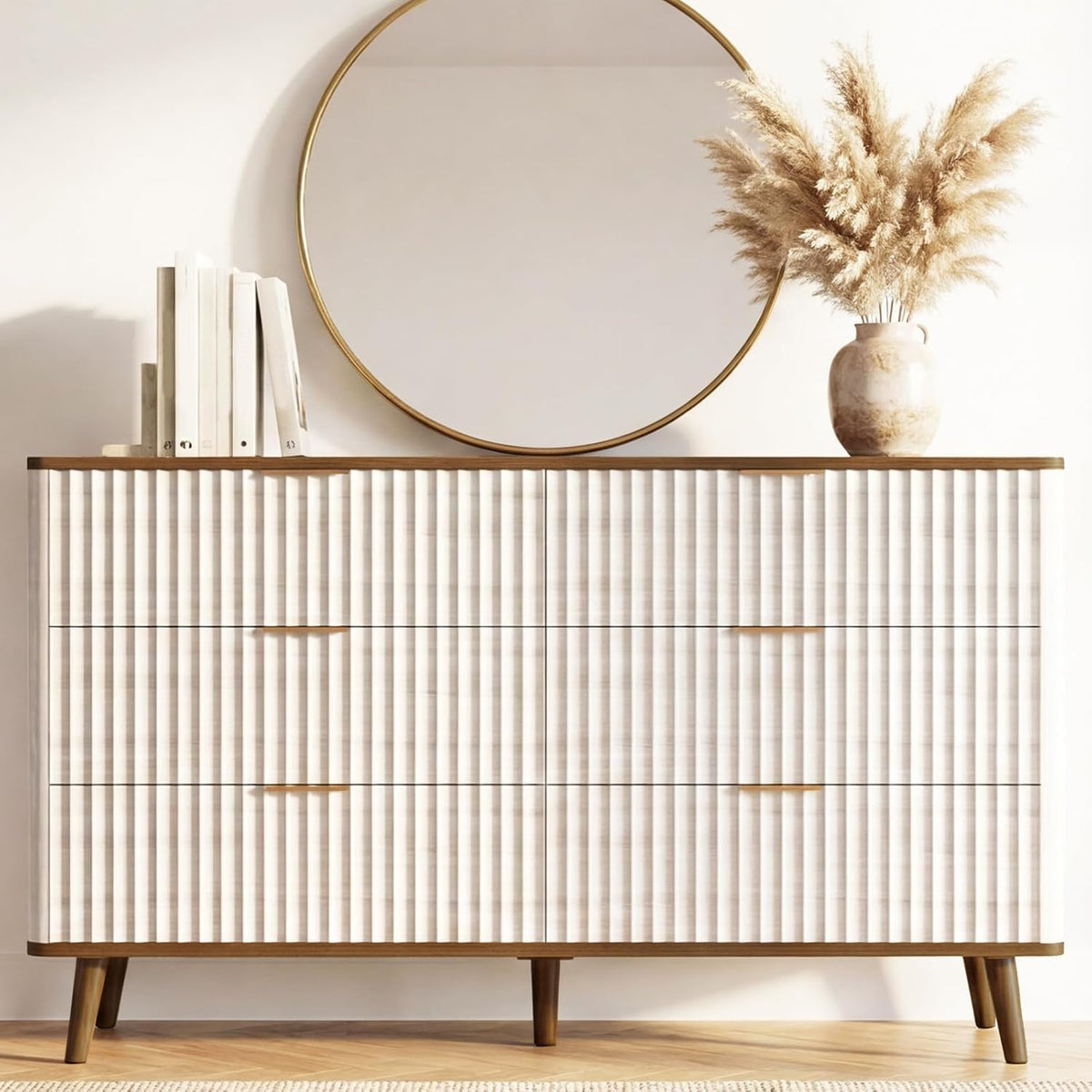 Mapleyard Fluted 6 Drawers Dresser, 47" Wide Wooden Chest of Drawers, Modern Mid Century Storage Closet Long Large Dresser for Bedroom, Living Room,Hallway, Entryway, Nursery Room, Beige + Walnut