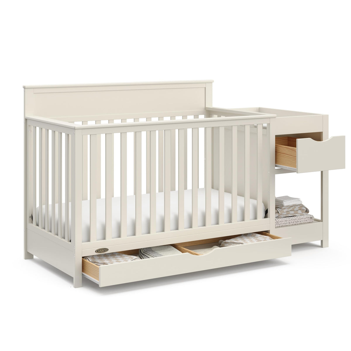 Graco Shiloh 5-in-1 Convertible Crib & Changer with Drawer – GREENGUARD Gold Certified Baby Crib Crafted from Wood, Converts to Toddler Bed, Daybed, and Full-Size Bed (Frosted Oat)
