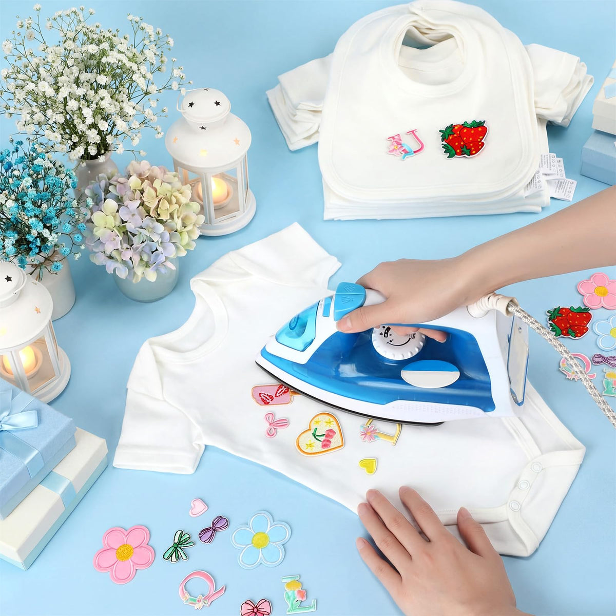 80 Pcs Baby Shower DIY Bodysuit Bibs Set Spring Iron on Transfers Cute Strawberry Bow Patches Baby Shower Decorating Kit 9 Cotton Bodysuits 9 Bibs 62 Iron on Embroidered Patches for Party Games