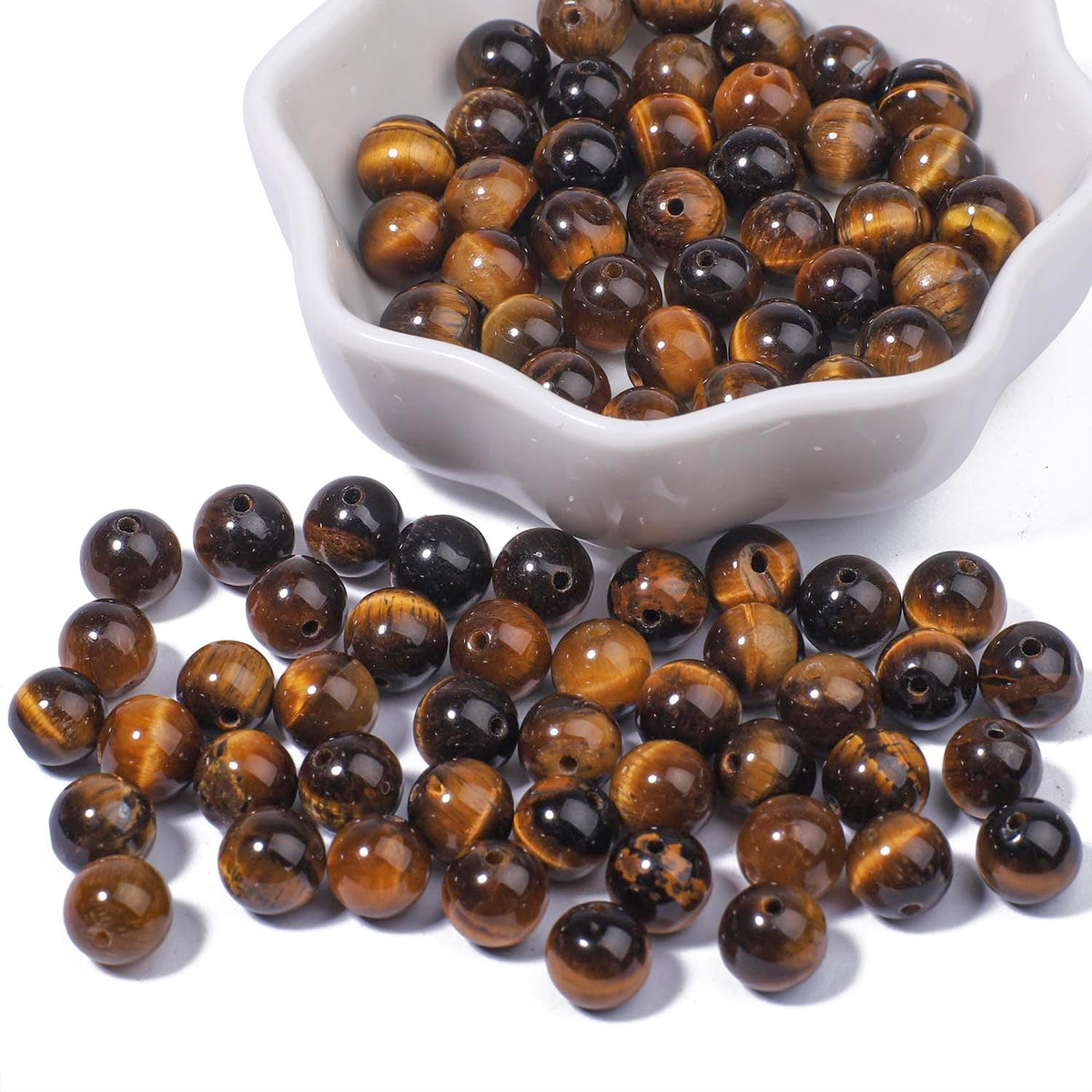 NITOPUPU 100Pcs 10mm Natural Smooth Yellow Tiger Eye Gemstone Beads Round Loose Stone Beads for Jewerly Making with Crystal Stretch Cord