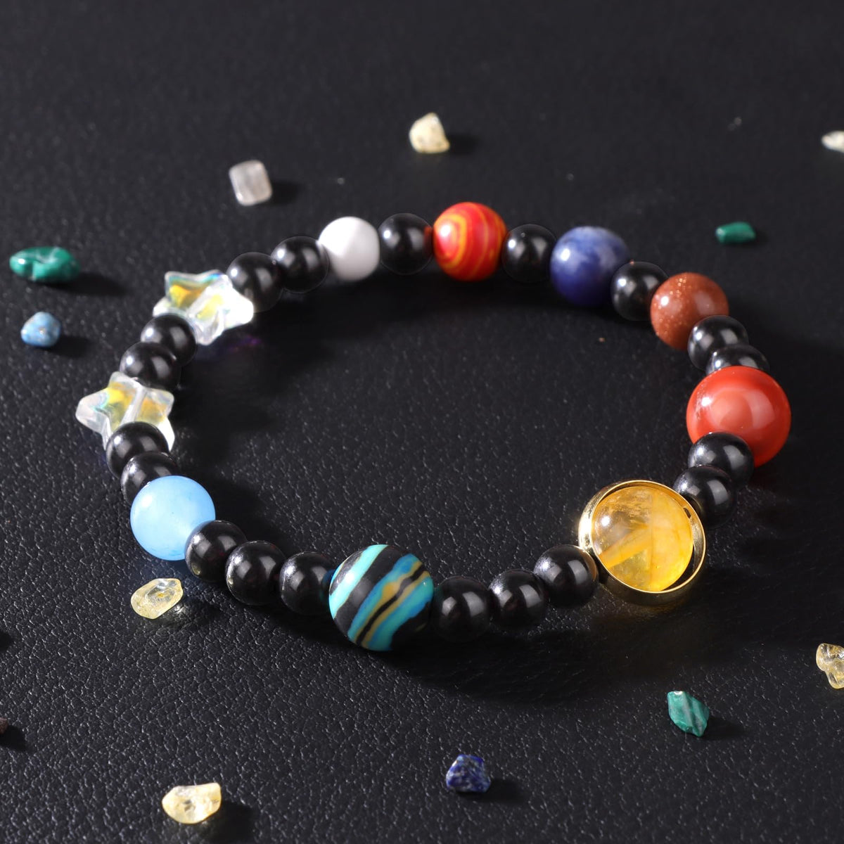 Risyfjew Solar System Eight Planets Guardian Star Bracelet Cosmic Jewelry with Natural Chakra Stones Adjustable Stretch Crystal Bracelet for Men Women Gift for Space Lovers