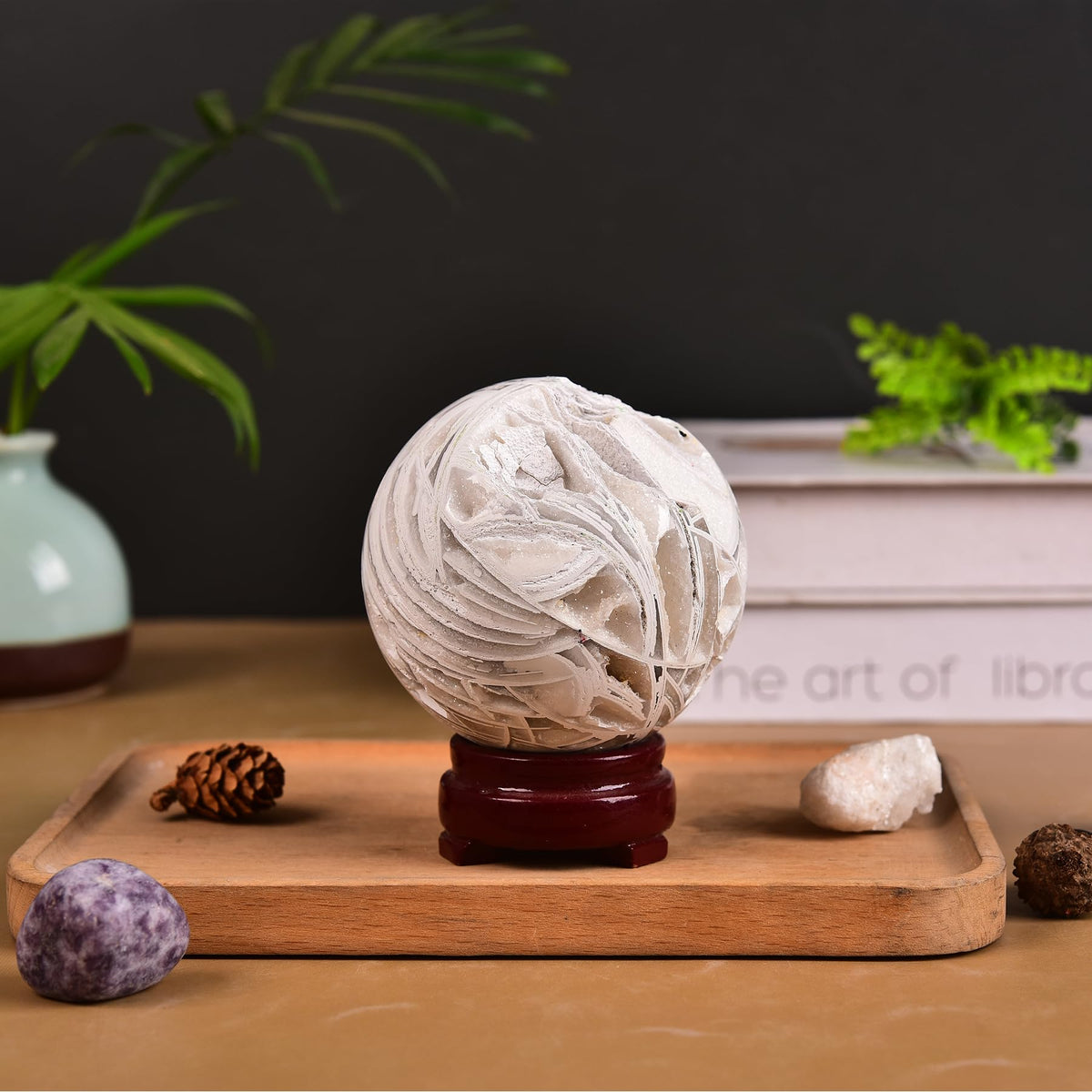 JIC Gem Natural Mexican White Agate Crystal Sphere with Wooden Stand Decorative Crystal Ball White Gemstone Sphere for Meditation,Feng Shui,Witch-Style Decor,Table 70-80mm