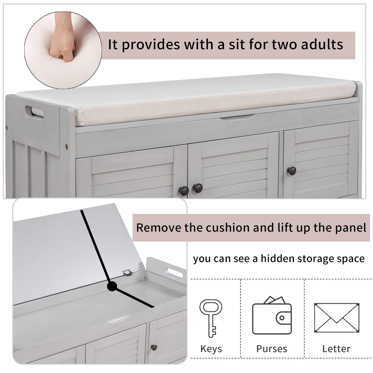 Bellemave Storage Bench with 3 Shutter-Shaped Doors and Flip-Open Storage Box, Shoe Rack for Entryway and Hallway,Shoe Bench with Adjustable Shelves Storage Space and Removable Seat Cushion, Gray Wash