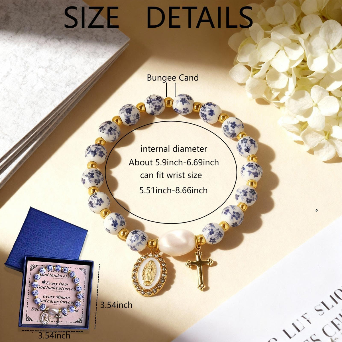 Virgin Mary Cross Bracelet,Blue Ceramic Pearl Rosary Bracelets with Miraculous Medal and Cross Charm,Religious Catholic Christian Faith Jewelry Gift Birthday Mothers Day Gifts for Women(blue)