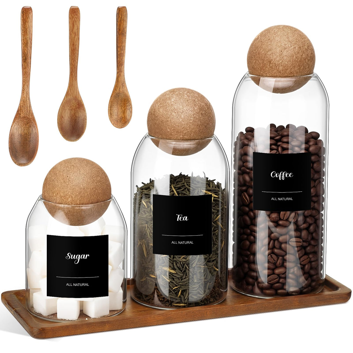 Suclain 3 Pcs Glass Coffee Storage Jar with Ball Cork Lid Wooden Spoon Shelf Labels Airtight Round Bottle Jar Food Storage Canister Set for Sugar Spice Coffee Bean Holder Candy Gift(17, 27, 41 oz)