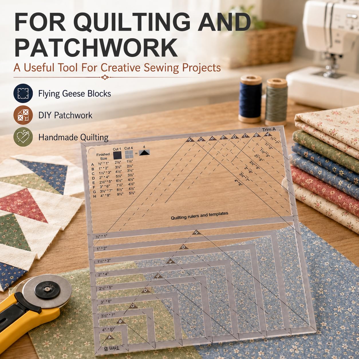 Ultimate Flying Geese Quilting Rulers, Versatile Template for Multiple Block Sizes, Durable Acrylic Trimming Tool for Accurate Patchwork & Sewing