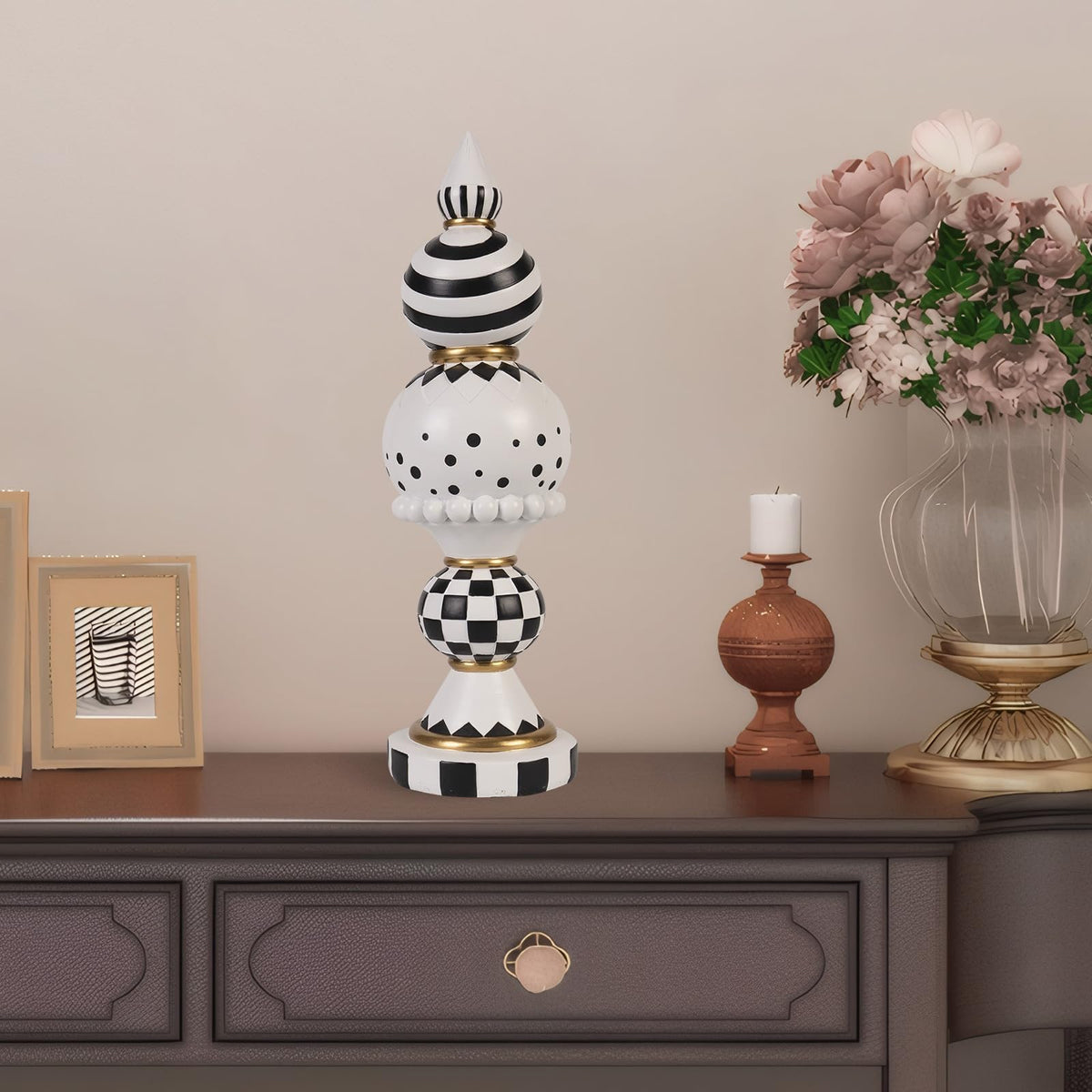 Bechivie Black and White Checkered Decor, 15 Inch Large Resin Halloween Christmas Modern Sculpture, Holiday Indoor Table Centerpiece Mantel Office Desk Shelf Season Decorations for Home
