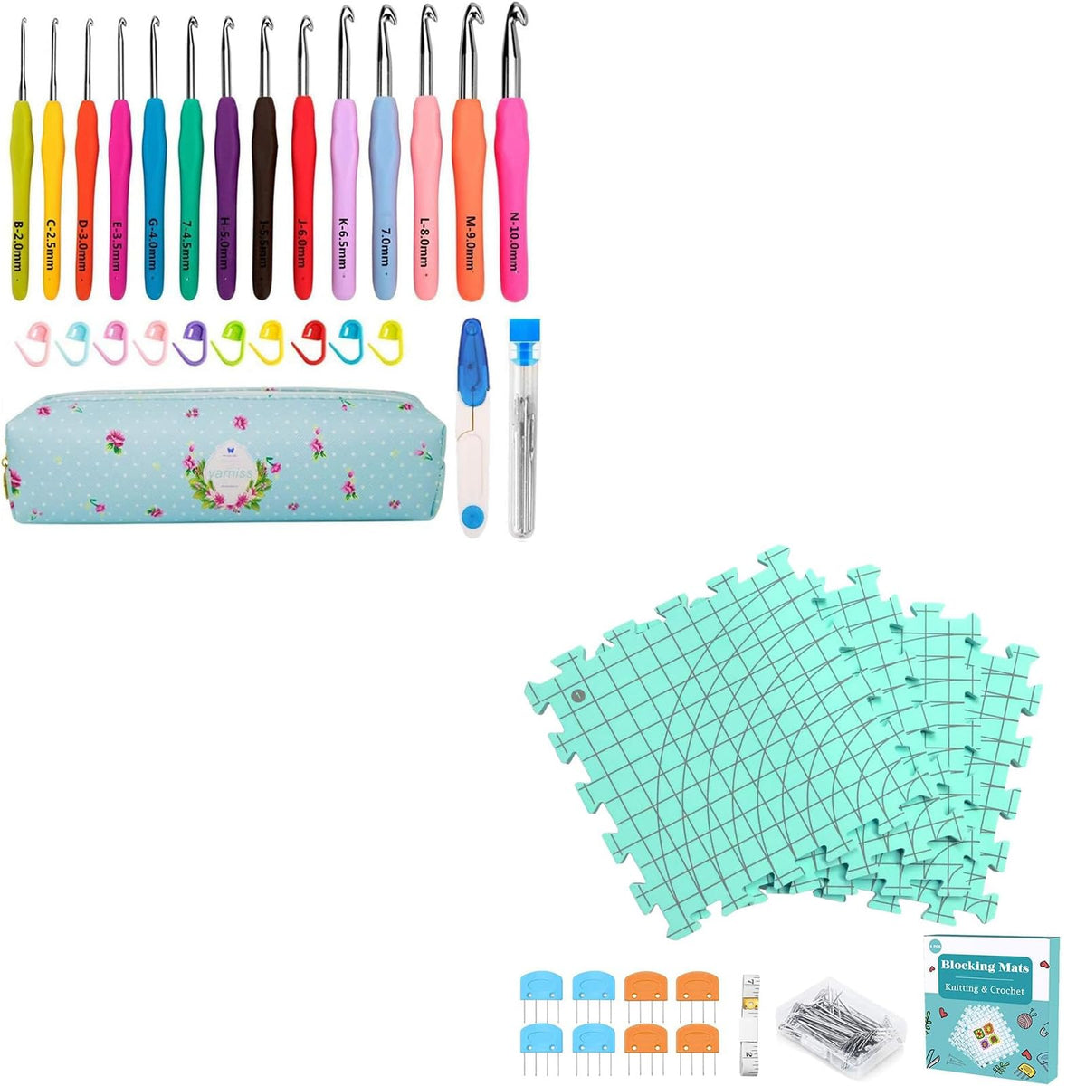 Yarniss 14 Size Crochet Hooks Set, 2mm(B)-10mm(N) Ergonomic Crochet Hooks with Case for Arthritic Hands and Blocking Mats for Knitting&Crochet Project, Thickened Blocking Board with Grid Line & T-Pins
