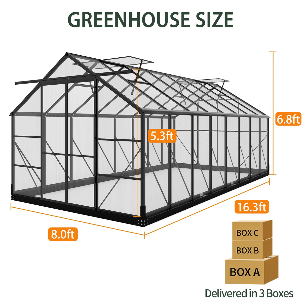 Greenhouses for Outdoors, 8x16 FT Polycarbonate Greenhouses with 4 Adjustable Roof Vents, Walk-in Aluminum Frame Green Houses for Outside with Sliding Doors Windproof, Garden