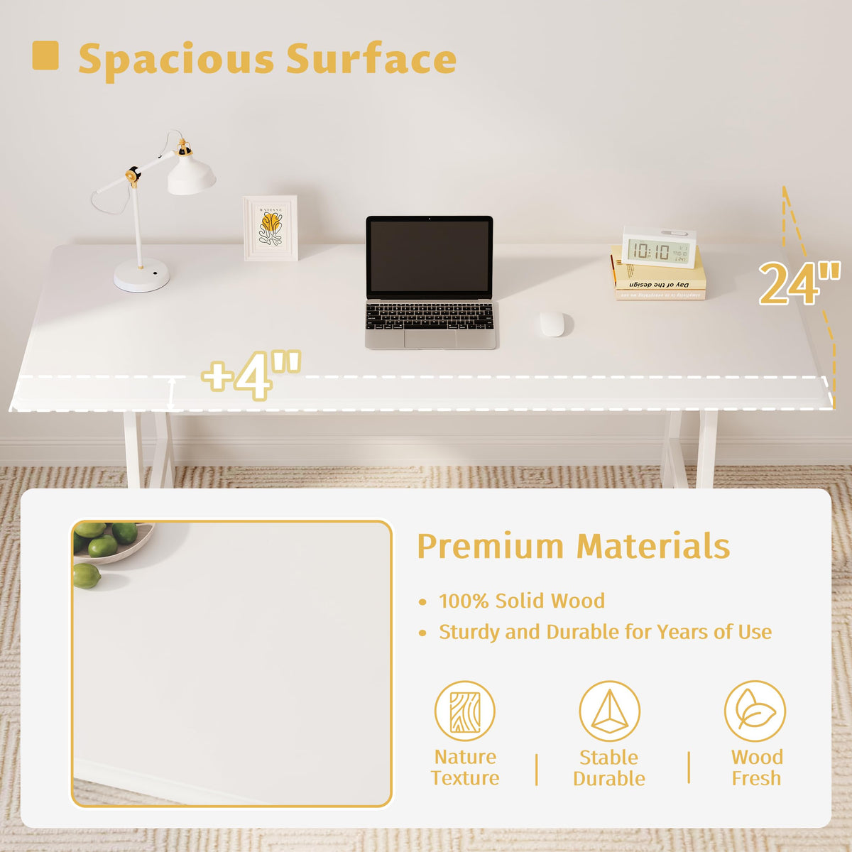IOTXY Solid Wood Writing Table - 72" W x 24" D Minimalist Long Computer Desk for Home Office, Work, Study, Creativity, and PC Workstation, White