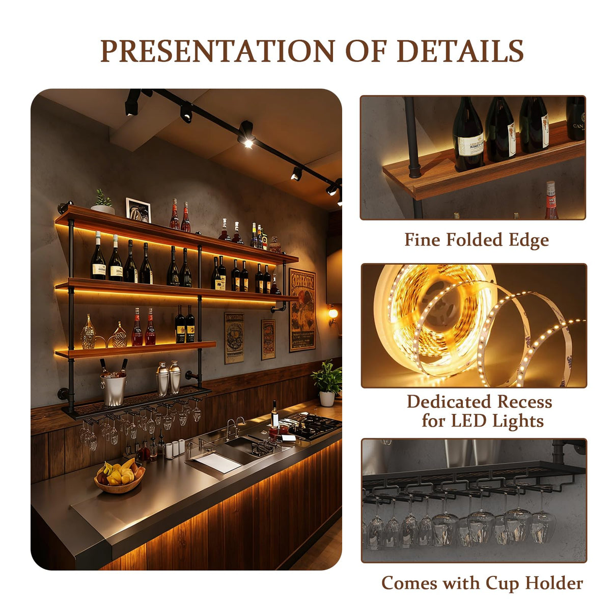 TAUODUYY 59.1in Large Wine Rack with LED Light, 4 Tiers Solid Wood Wall Mounted Wine Rack, Industrial Liquor Bottles Floating Shelves with Glass Holder for Home Bar/Dining Room (59.1in/150cm)