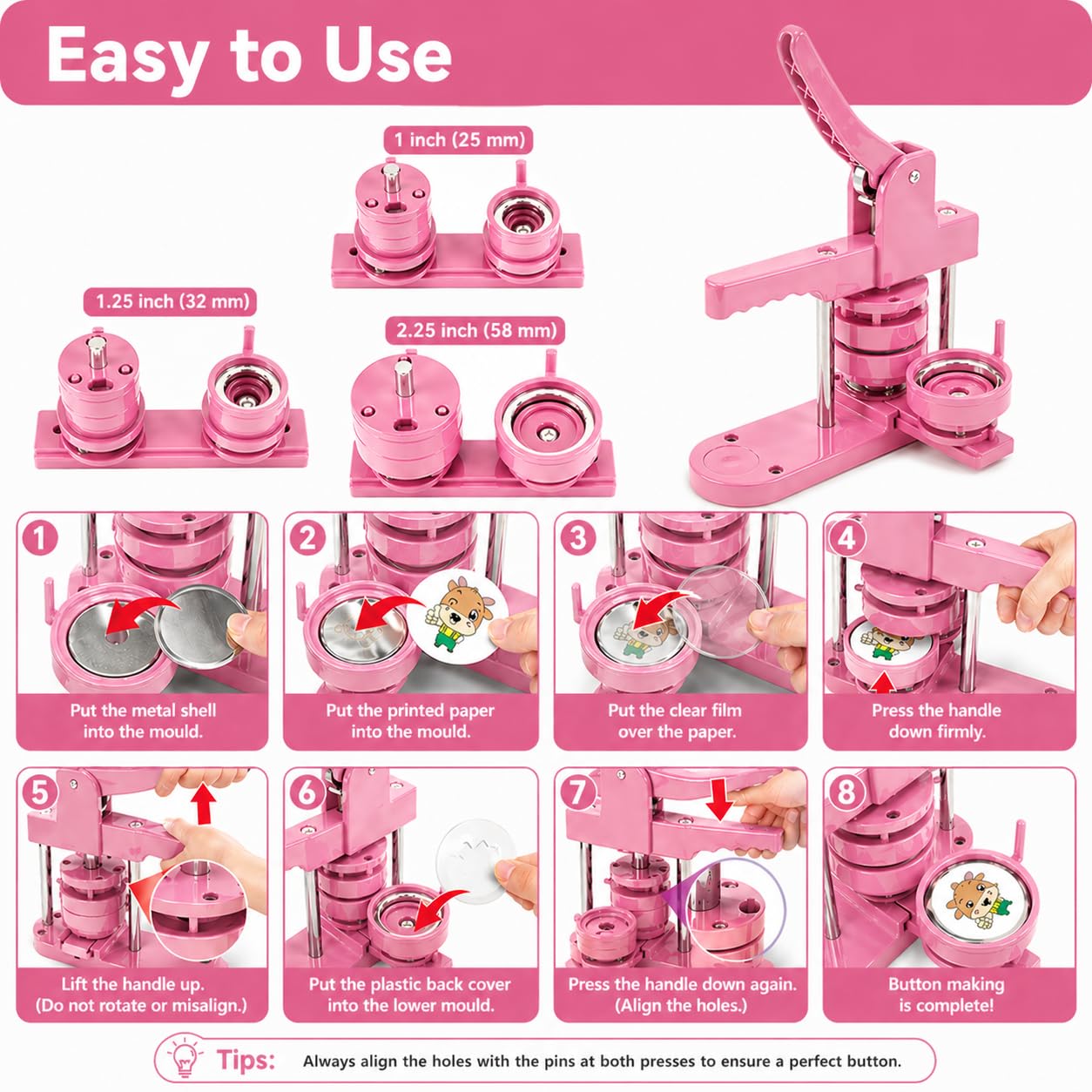 Pin Maker, Button Maker Machine, Pin Maker Machine Kit Includes 300Pcs Pins 25/32/58mm (1/1.25/2.25 inch), 3 Circle Paper Cutters, DIY Button Pin Maker, Button Badge Press Machine(Pink)