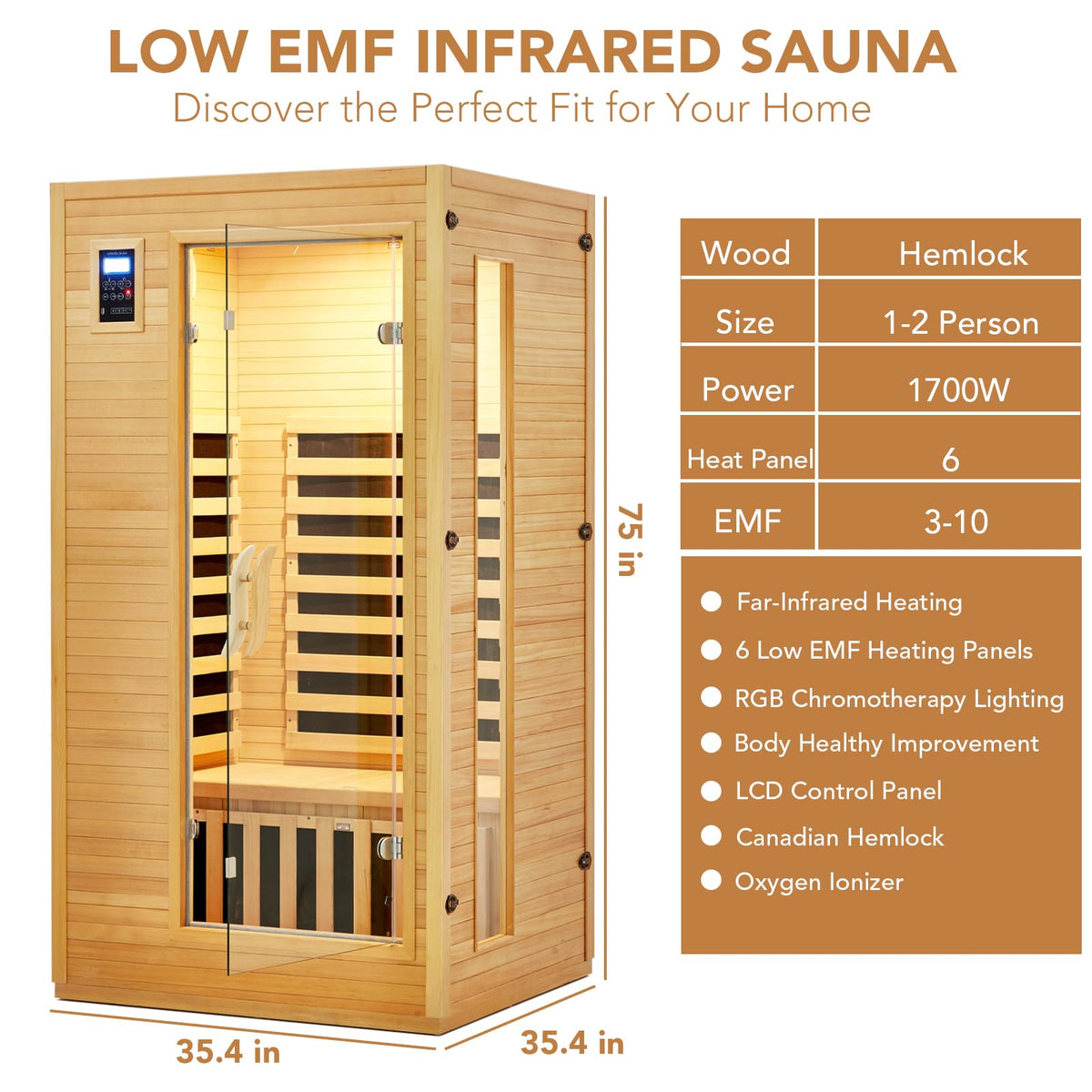 Garvee 2024 Upgrade 1 to 2 Person Sauna, 6 Heating Plate Infrared Physical Therapy Wooden Dry Steam Sauna, Low EMF, MP3 Auxiliary Connection, Dual Controls Inside and Outside Fits, Home Spa Day Use