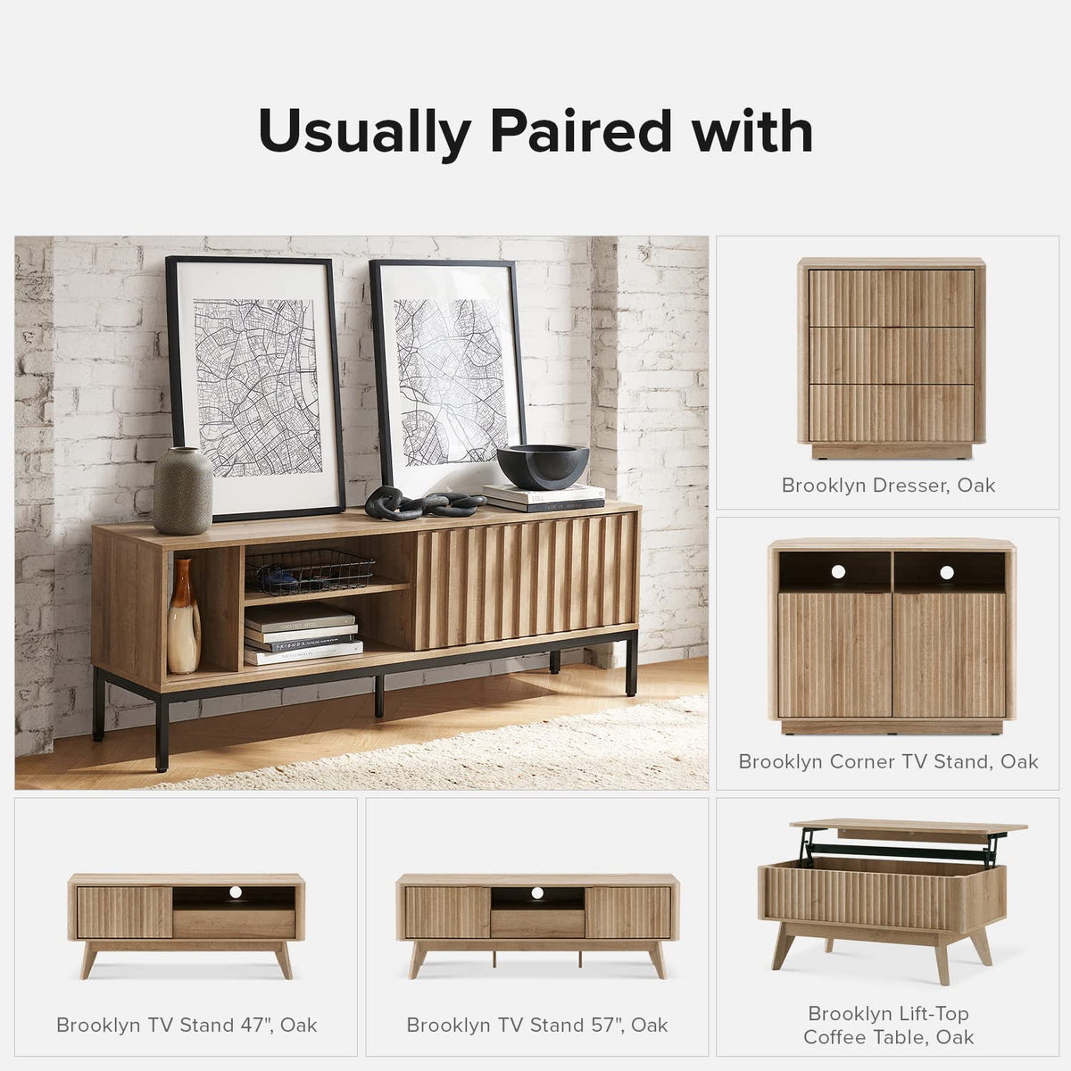 mopio Norwin TV Stand, Rustic Modern Industrial Television Stand for 60/65/70 inch TV, Fluted Entertainment Center with Storage, Wood Media Console Credenza Cabinet Table (Oak 64" TV Stand)