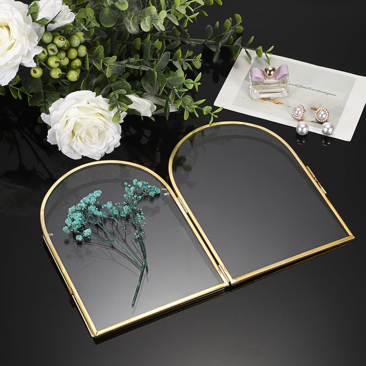 JUXYES 3 Pack Tabletop Double Glass Brass Frame for Pressed Flowers, Arch Double Sided Glass Frame Gold Floating Artwork Display Frames for Photo, Picture, Dried Pressed Flower, etc, 5x7 Inches