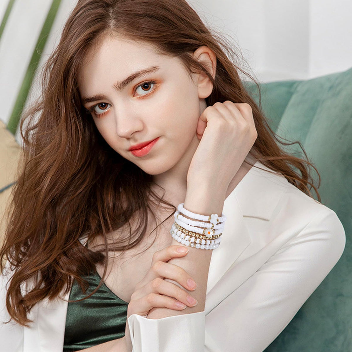 GOOJIDS White Surfer Heishi Clay Bead Bracelets for Women Bohemian Stackable Gold Beaded Stretch Bracelets Elastic Layering Friendship Bracelets Set Boho Jewelry