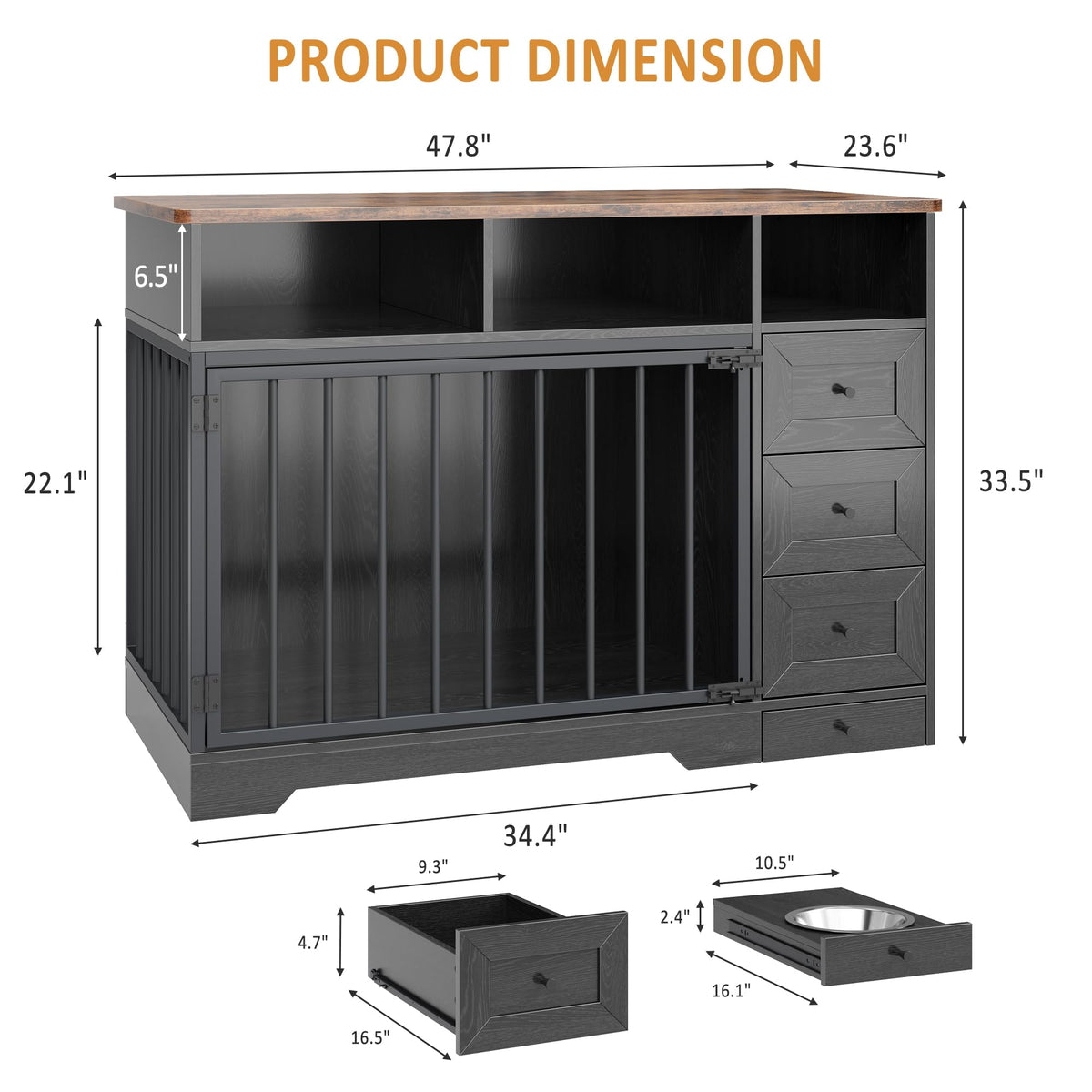 GarveeLife 48'' Dog Crate Furniture, Farmhouse Heavy Duty Dog Kennel with Bowl & Storage Drawers, Medium Dog Cage End Table for Small Medium Dogs, Black