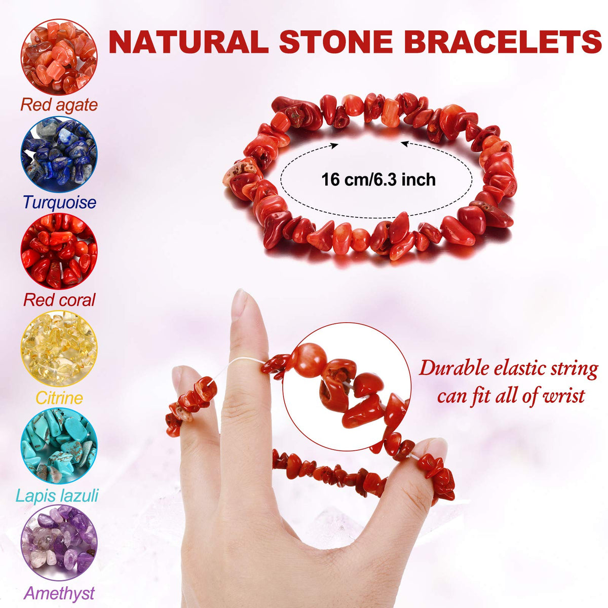 Hicarer 15 Pieces Natural Gemstone Bracelets Irregular Chips Beads Stretch Bracelets Spiritual Healing Chakra Crystal Jewelry for Women