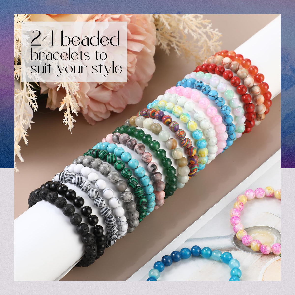 Landical 24 Pcs 8mm Gemstones Beaded Bracelets for Men Women Stretch Round Bead Bracelets Set Healing Crystal Stone Bracelets Semi Precious Bracelets