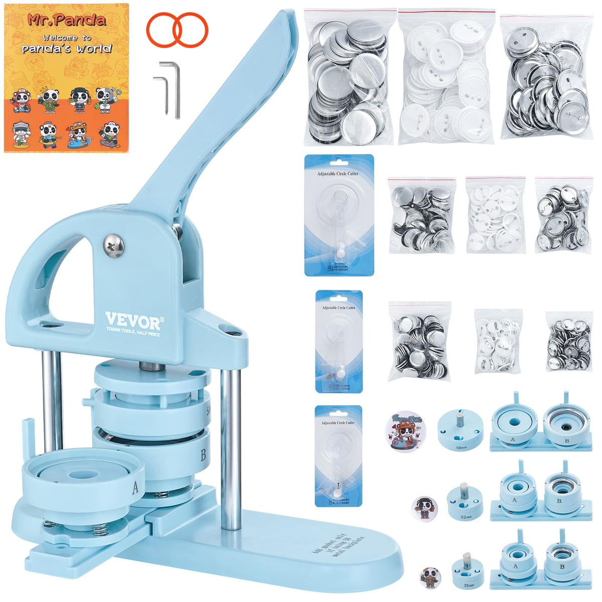 VEVOR Button Maker, 1/1.25/2.28 inch(25/32/58mm) 3-in-1 Pin Maker, 300pcs Button Parts, Ergonomic Arc Handle Punch Press Kit, Button Maker Machine with Panda Magic Book, for Children DIY Gifts, Blue