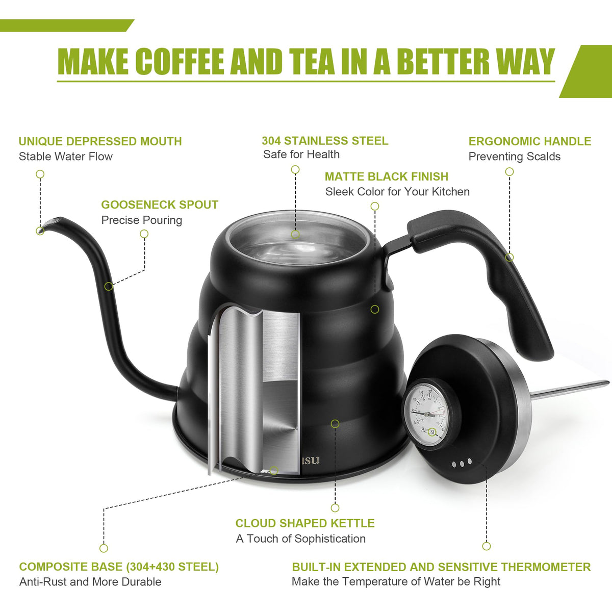Tea Kettle with Thermometer Pot Black Stovetop Tea Kettle 40oz Gooseneck Kettle Teapot Pour Over Coffee Kettle with Thermometer,1200ml,5 Cup,Black,1Pack