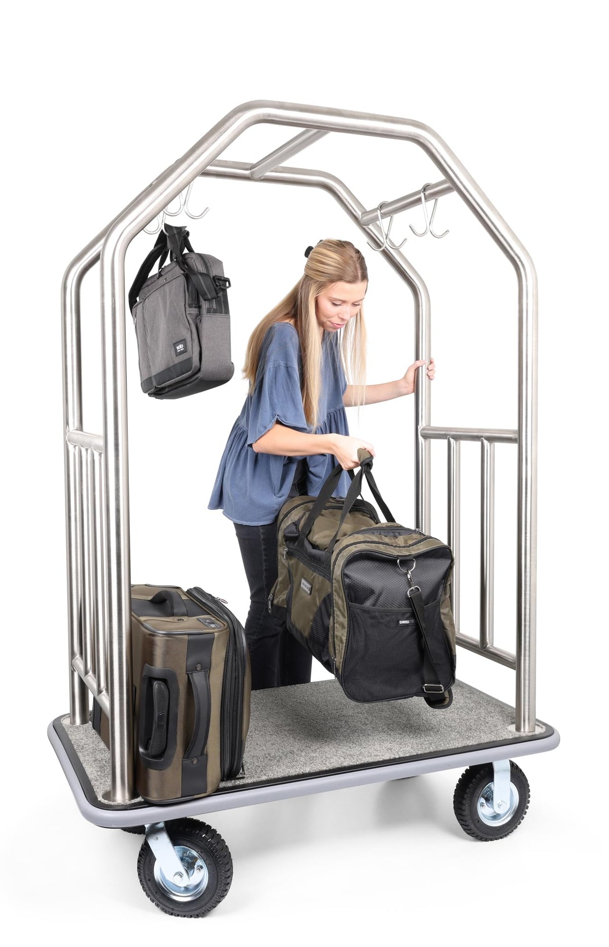 Wholesale Hotel Products Brushed Stainless Steel Luggage Cart –1000lb Capacity–Bellman Cart w/Grey Bumper Guard, Plush Carpet, 2” Welded Steel Frame & 8" Wheels, for 5-Star Hotels (Grand Lux Series)