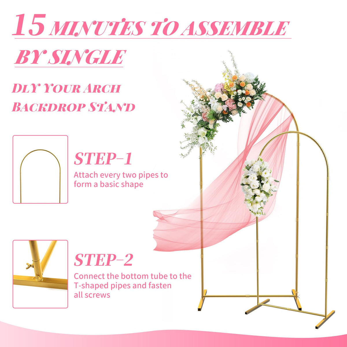 Metal Arch Backdrop Stand 7.2FT+6FT Wedding Arch Backdrop Stand Set of 2 Gold Backdrop Arch Stand Wedding Arch Frame for Wedding Ceremony Birthday Party Decoration Arbors of Metal