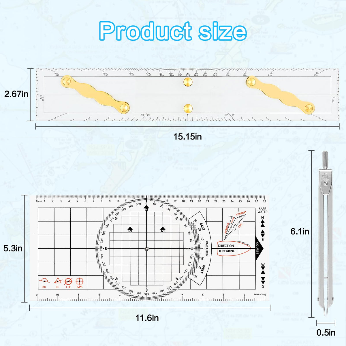Ironwarrior 3 Pcs Basic Navigation Set,Including 15inch Parallel Ruler with Brass Arms, Nautical Protractor, and 6 Inch Marine Fixed Points Divider, Marine Accessories with Clear Scales for Boat