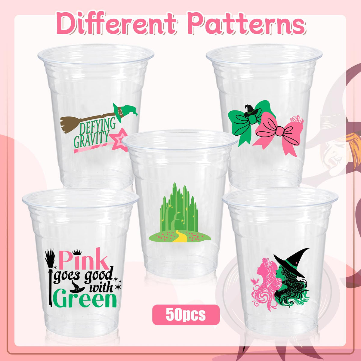 Witch Theme Party Decoration Plastic Cups, 50pcs 12 Oz Plastic Clear Disposable Drinking Cups for Witch Movie Birthday Wedding Summer Tropical Shower Party Supplies Favors Women Men Snack Cup Bulk