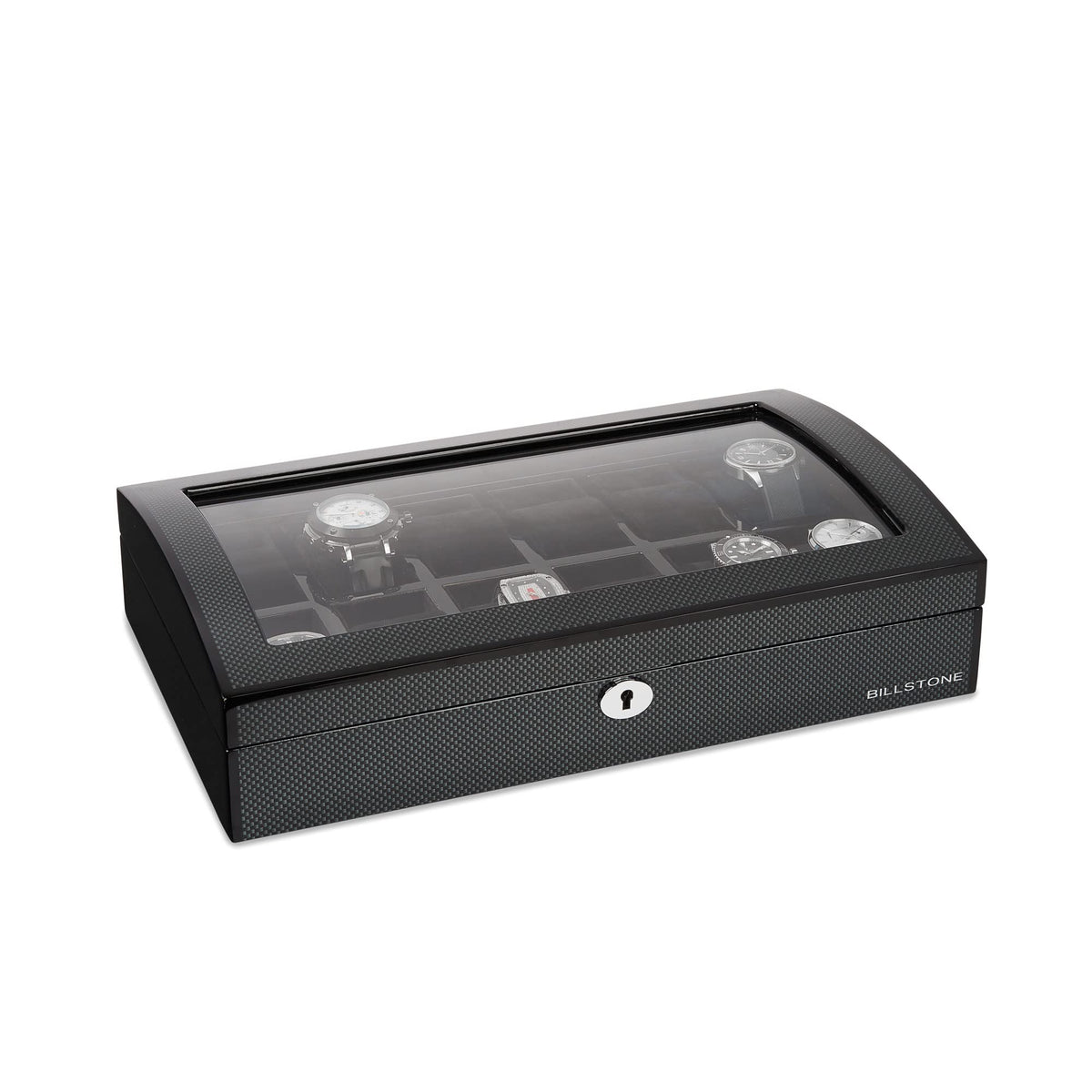 BILLSTONE Romanoff 12 Watch Box – 12 Slot Watch Organizer, Carbon Fiber Finish with Black Velvet Interior