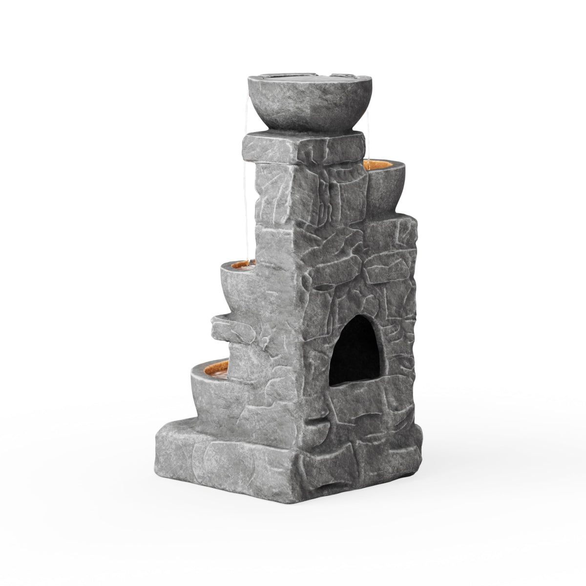 Teamson Home 33" Outdoor Water Fountain with LED Lights, 3-Tier Cascading Bowls, Weather-Resistant Resin Garden Water Feature for Patio, Lawn, and Backyard Decor – Stone Gray