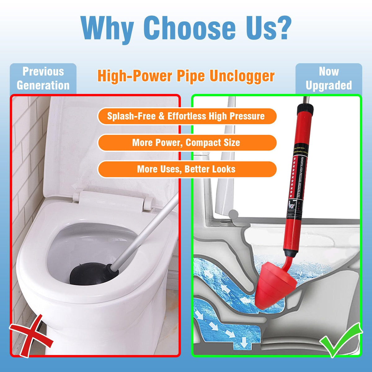 Rmticd Toilet Plunger, High-Pressure Plungers for Bathroom, Toilet Brush and Plunger Set - Powerful Air Drain Unclogger & Heavy-Duty Clog Remover for Bathroom Drains, and Clogged Pipes