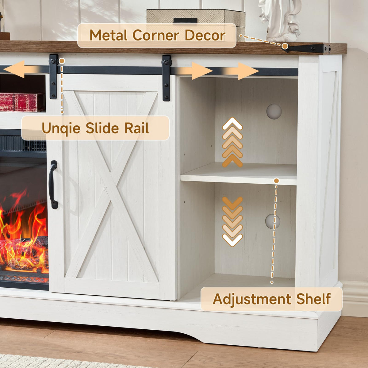 ROCKPOINT 58" Fireplace TV Stand for TV up to 65 Inch with Farmhouse Tall Sliding Barn Doors, Entertainment Center with Storage Cabinet, 23" Electric Fireplace with Remote, White