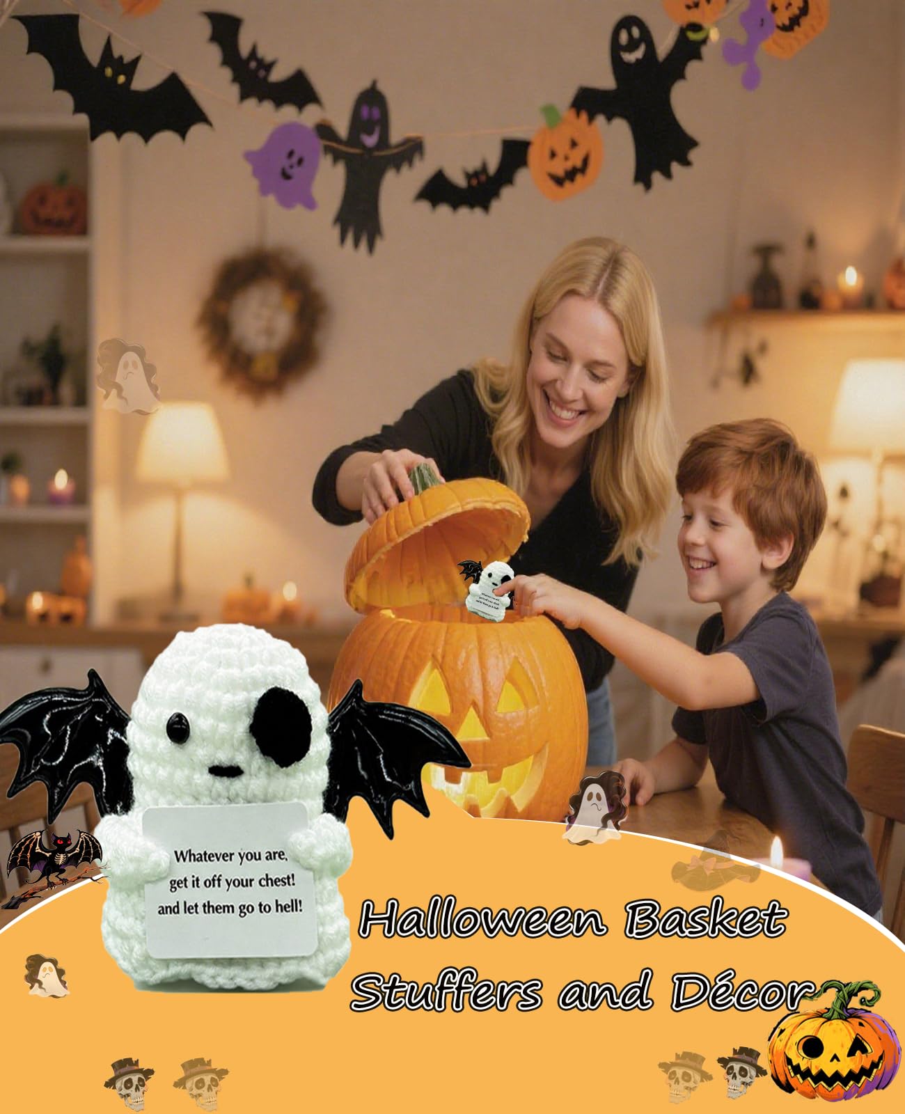 2 Packs Cute Crochet Gifts Decor for Men Women Kids, Positive Crochet Animals Emotional Support Handmade Mini Ghost Dolls with Positive Cards Basket Stuffers for Desk Home Decor