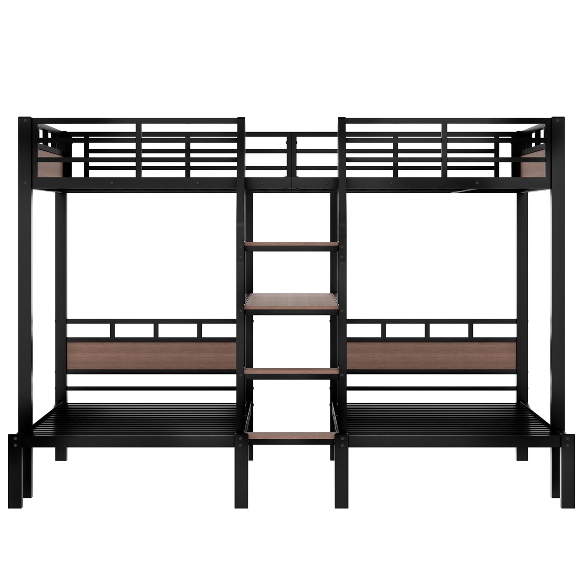 Bellemave Queen Over Twin & Twin Bunk Bed with Shelves, Metal Triple Bunk Beds with Safety Guardrails and Underbed Storage, Heavy-Duty 3 Bunk Beds for Kids, Teens, Adults, No Box Spring Needed, Black