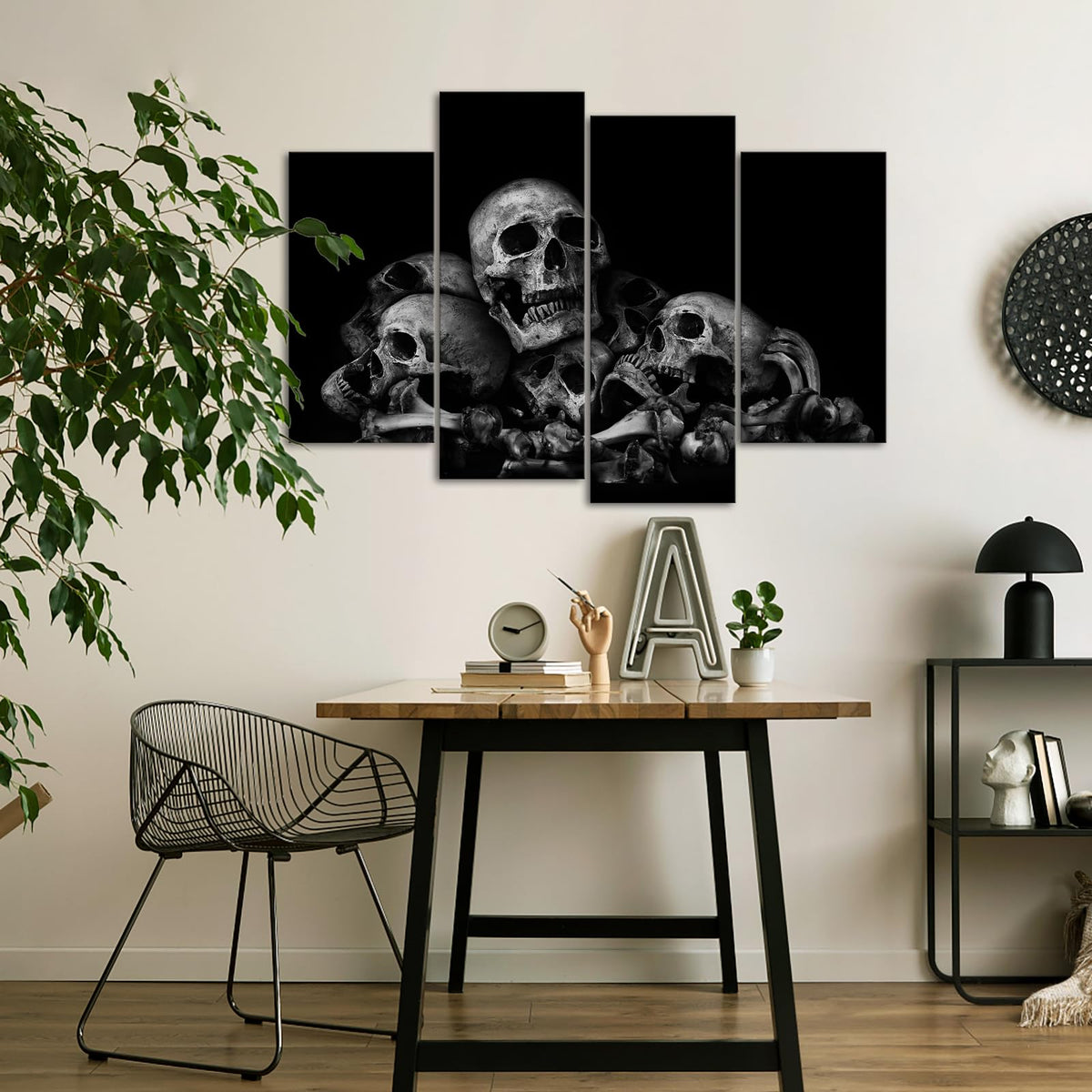 iKNOW FOTO Large 4-Panel 48x33 Black and White Skulls Canvas Wall Art - Abstract Halloween Day of Dead Skeleton Picture Print, Ready to Hang for Home Bedroom Decor