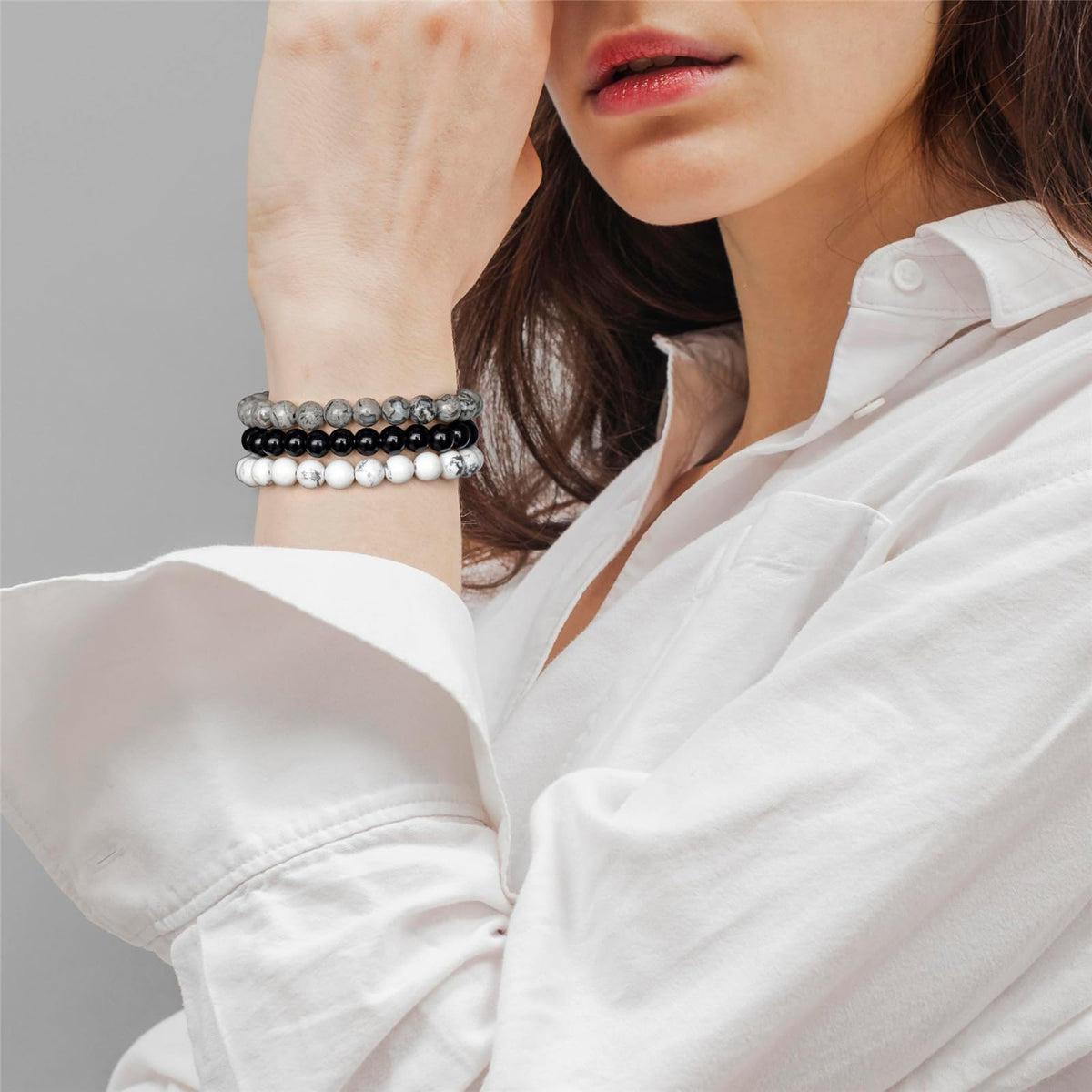 Risyfjew 3 PCS Healing Crystal Bracelet Women 8mm Natural Stone Beaded Stretch Bracelet Map Stone Howlite Jewelry Gifts