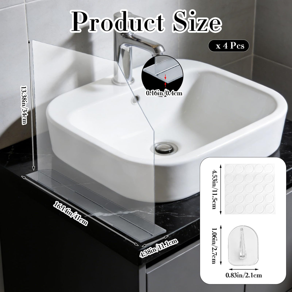 PEDOBALI 4 Pcs Acrylic Sink Splash Guard with Base 16.14 x 13.38 Inch Plate Countertop Partition Transparent Freestanding Panel Barrier for Hospitals Labs Home Kitchen Bathroom