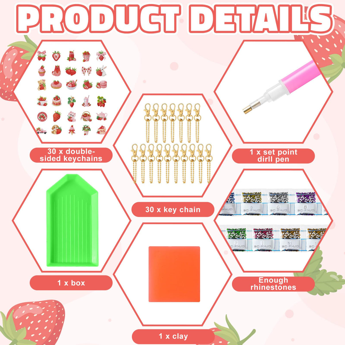 Huquary 30 Pcs Diamond Painting Keychains Strawberry Diamond Art Berry Party Crafts Favor 5d Double Sided Keychains for Adult Beginner DIY Crafts Party Gift