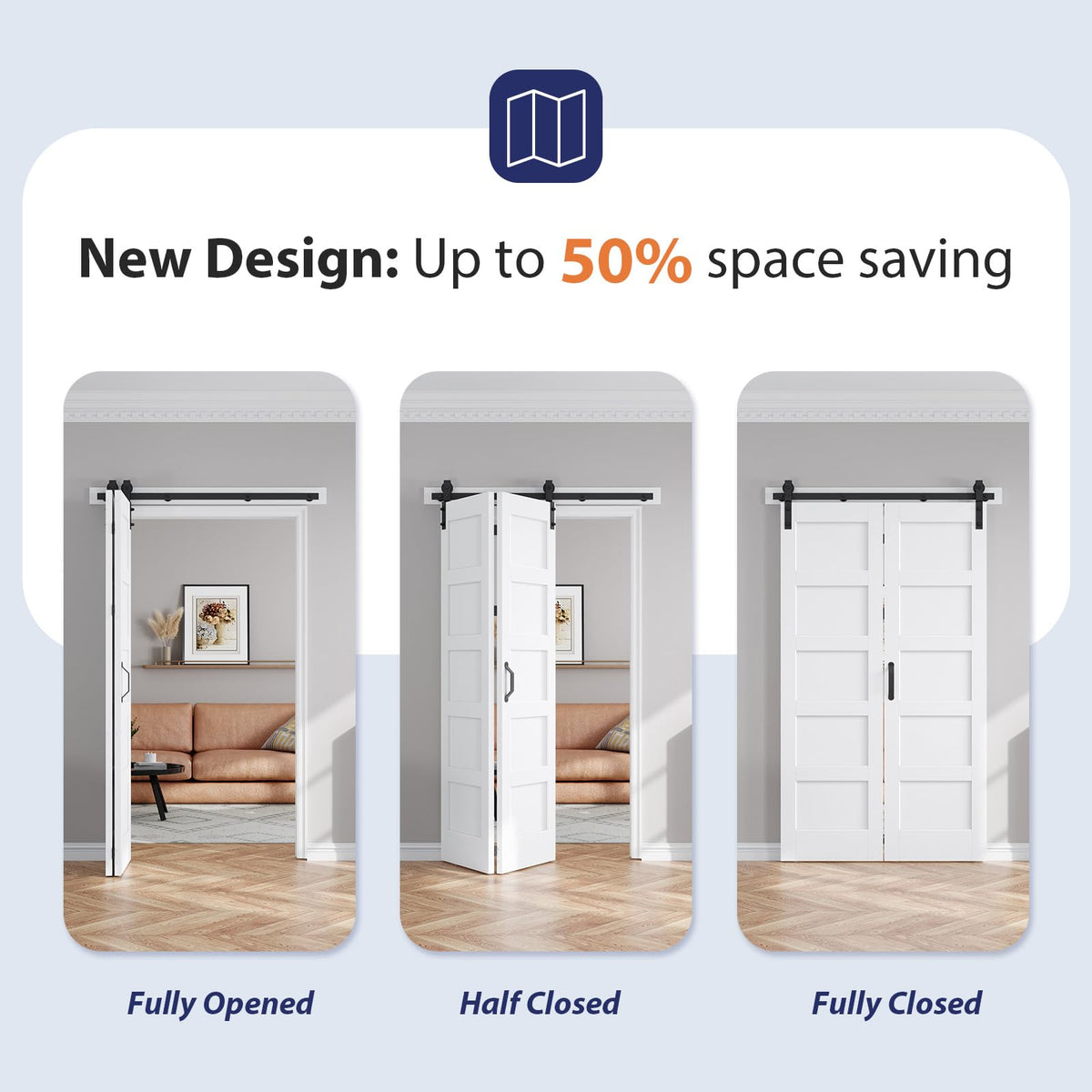 FREDBECK 42X84(Double 21x84) Bifold Door Bi-fold Barn Doors White Double with 46" Hardware Track Kit Included,Solid MDF with Water-Proof PVC Surface for Closet,Assembly Required