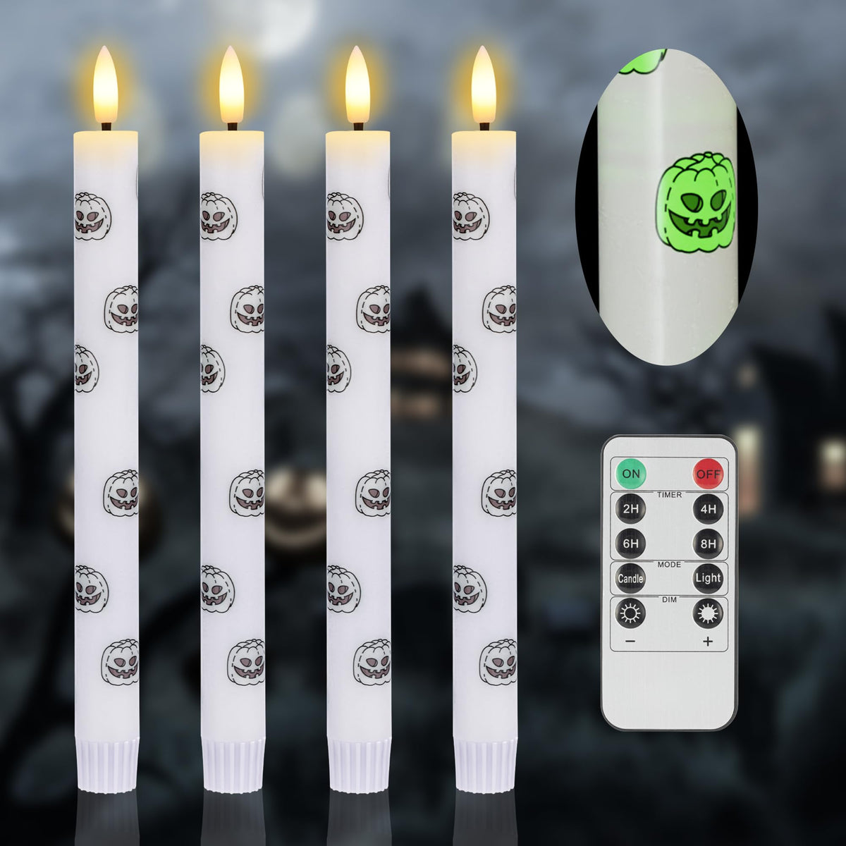 SEHNSY Halloween LED Flameless Taper Candles with Remote and Timer, 4 Pack Battery Operated Real Wax Candles with Glow in The Dark Pumpkin Face Stickers for Halloween Table Party Decor
