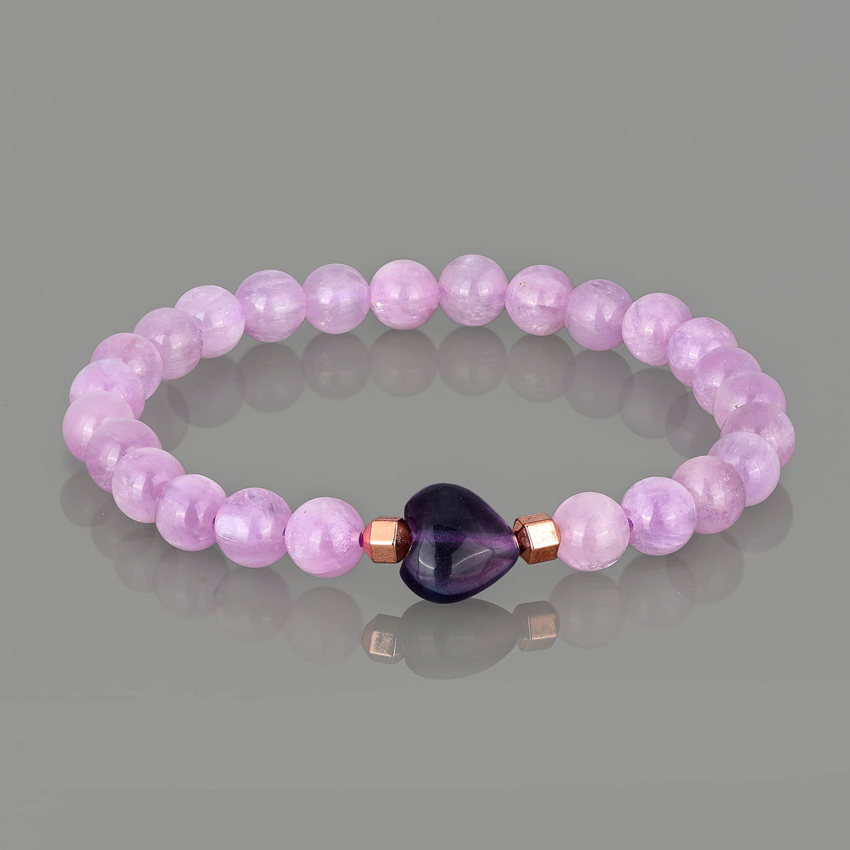 NirvanaIN Kunzite Strech Bracelet With Fluorite Heart Natural Gemstone Handmade Healing Chakra Yoga Bracelet For Women Love (18 cm)
