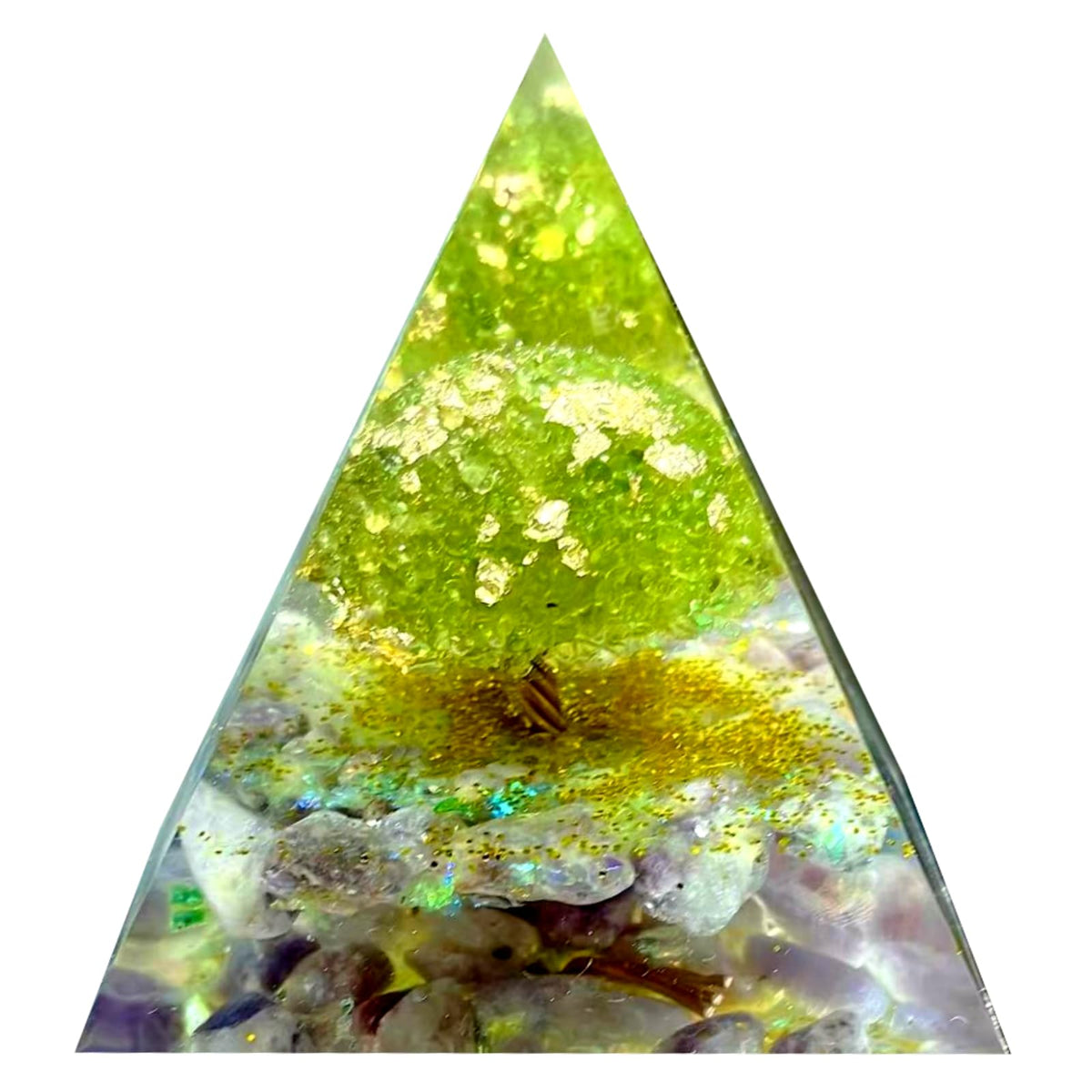 Saefheled Tree of Life Orgone Pyramid,Natural Lilac Gravel&Peridot Orgonite Healing Crystals Pyramid,Crystal Stone Positive Reiki Energy Generator Collection Wealth Lucky Meditation Tool(6cm)
