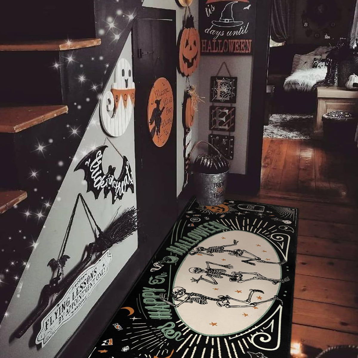 Faptoena Halloween Kitchen Mat Set of 2,Happy Halloween Skeleton Creepy Mats and Rugs Non Skid Washable for Kitchen Home Decor,Halloween Decorations and Accessories (17"x47"+17"x30")