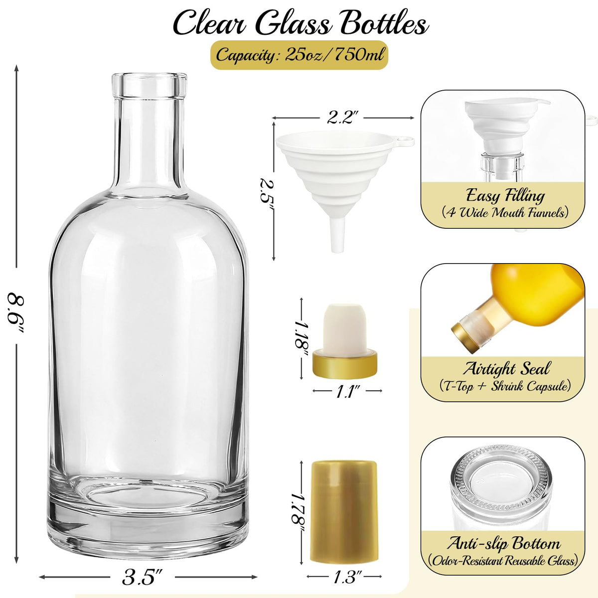 TBWIND 750ml Clear Glass Liquor Bottles with Cork, 4 Pack 25 oz Clear Empty Bottles, Thick Heavy Base Airtight Wine Bottles for Beverages, Liquor, Whiskey, Oil, Vinegar, Wedding Favors & Crafts