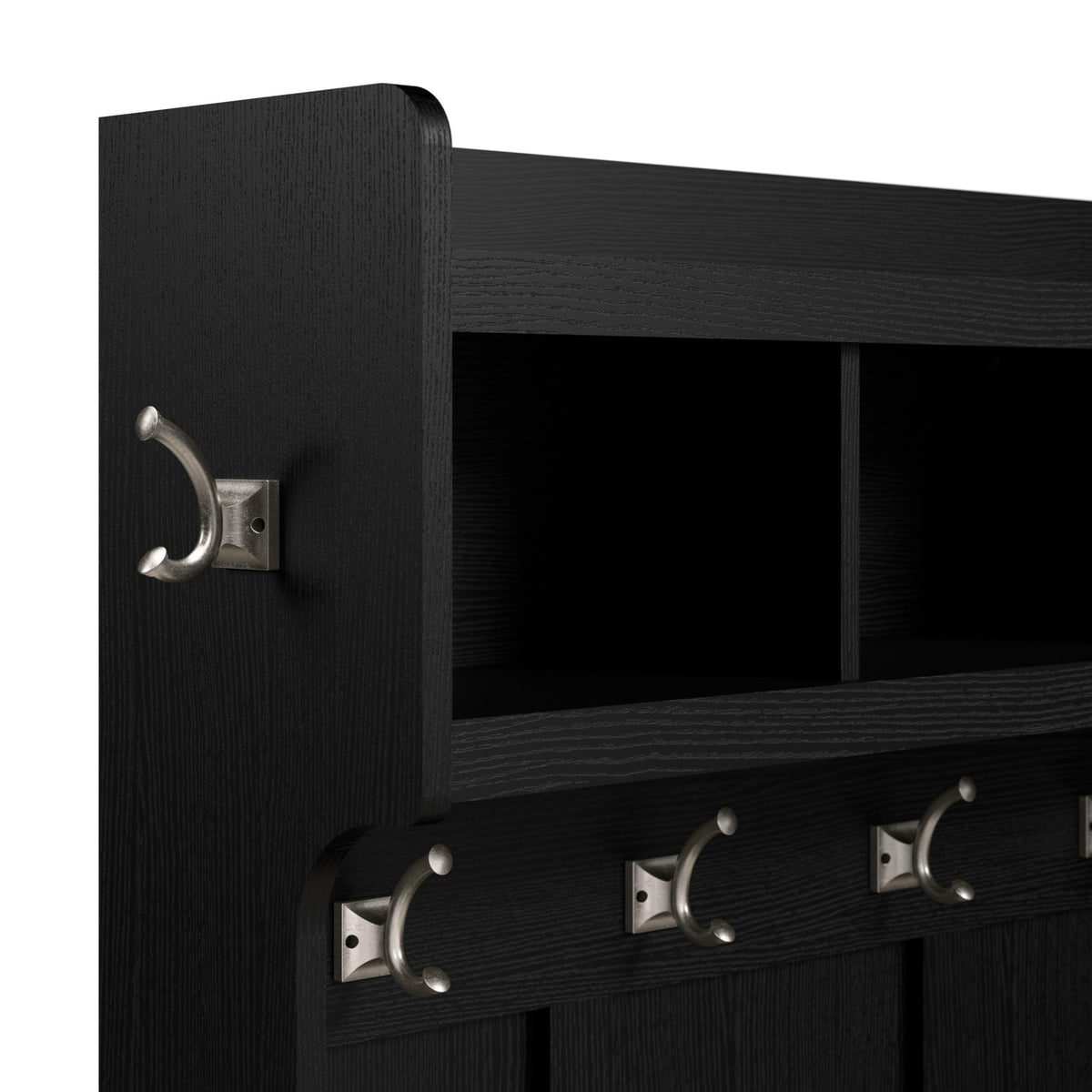 Bush Home Woodland 40W Shoe Storage Bench with Doors and Wall Mounted Coat Rack in Black Suede Oak | Foyer, Mudroom, Entryway Organizer